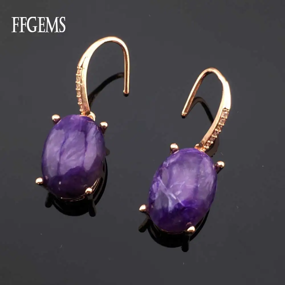 

FFGems Natural Charoite big stone Sterling 925 Silver Earring water drop Fine Jewelry For Women Party Wedding Gift wholesale