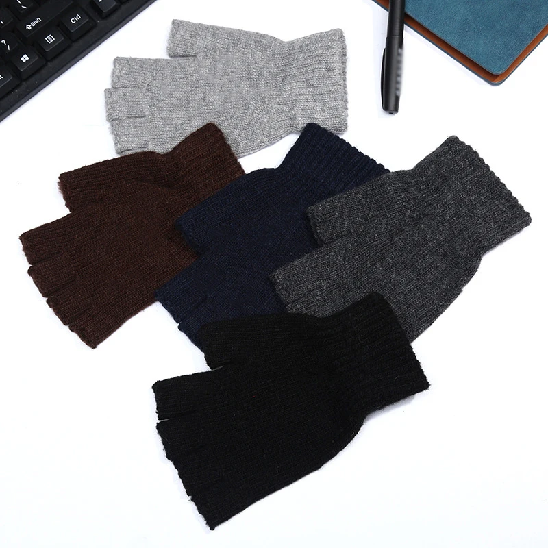 

Retro Men Warm Winter Knitted Gloves Half Finger Stretch Elastic Outdoor Mittens Warm Fingerless Gloves Solid Man Gloves 2019