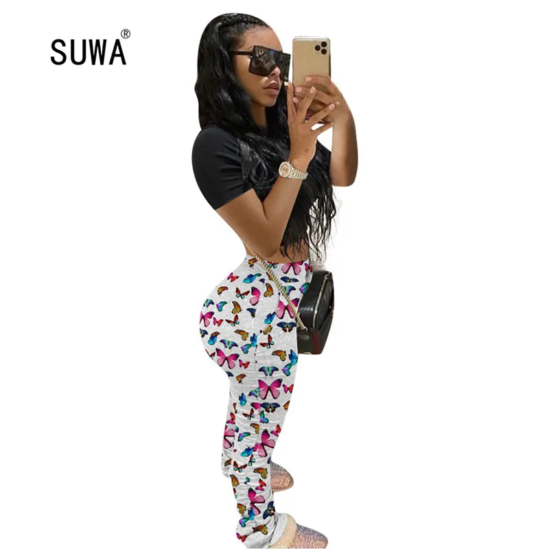 

SUWA New Arrival Streetwear Women Colorful Print Elastic Waist Pleated Leggings Spring Lady Pocket Trousers 4 Color Femme Pants