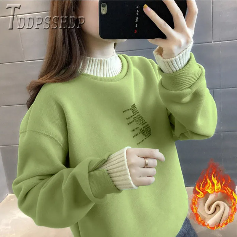 

2019 Autumn Winter Lining With Fluff Women Sweatshirt Korean Fake Two Piece Female Sweatshirts