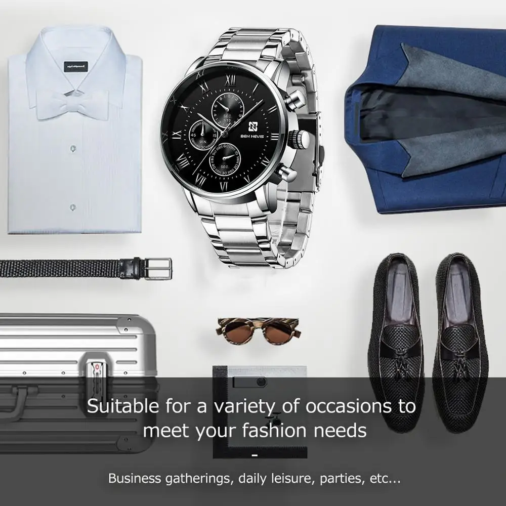 

BEN NEVIS Men's Quartz Wrist Watches Silver Stainless Steel Watchband Seconds Display Male Clock Fashion Relogio Masculino