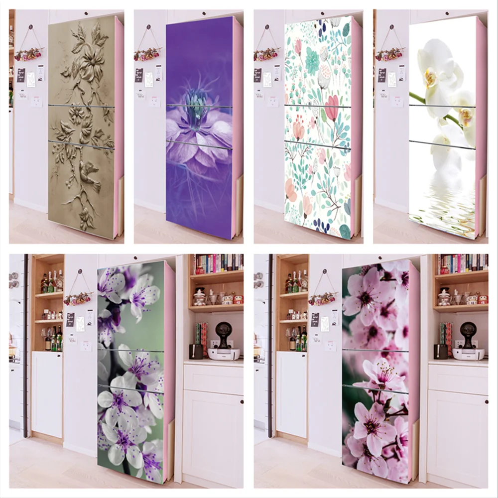 Blumen 3D Selbstklebende Kühlschrank Wrap Gefrierschrank Aufkleber Kunst Kühlschrank Tür Abdeckung Tapete Relief Blume Küche Zubehör