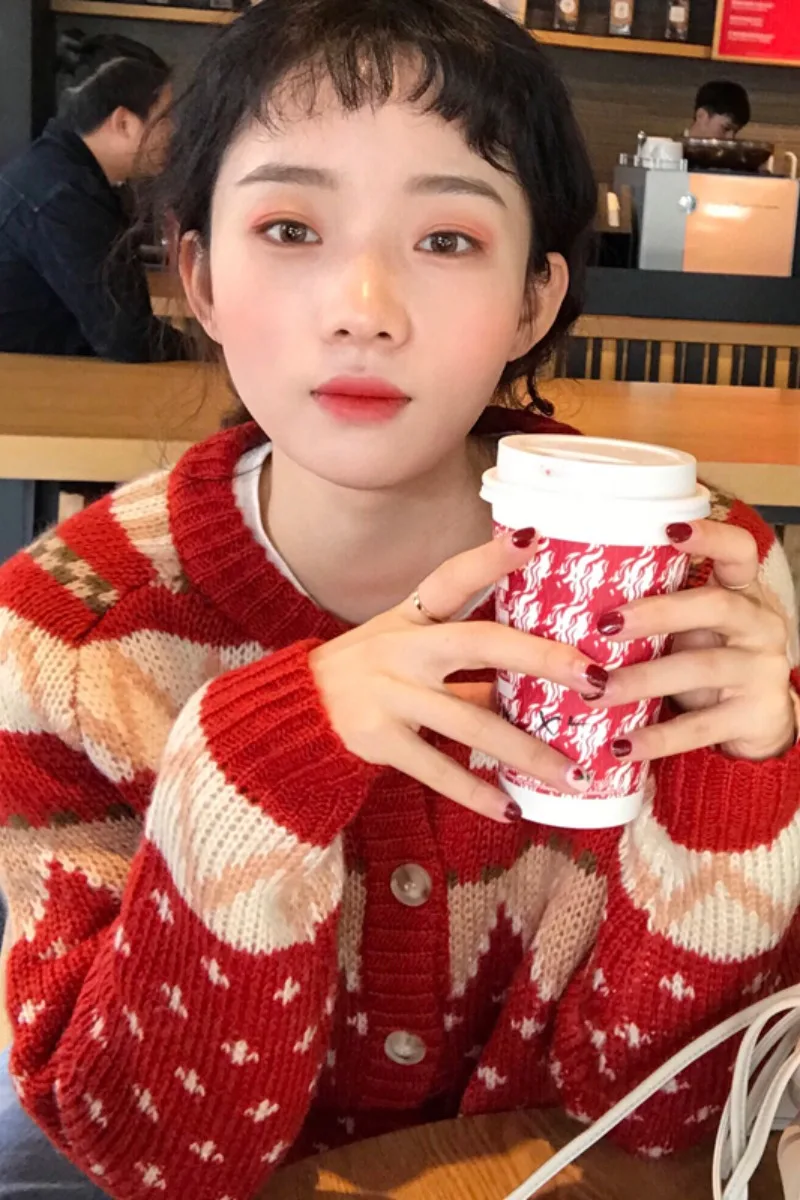 

Christmas Sweater Coat for Women 2020 New Autumn and Winter Thickened Knitted Cardigan Red Top
