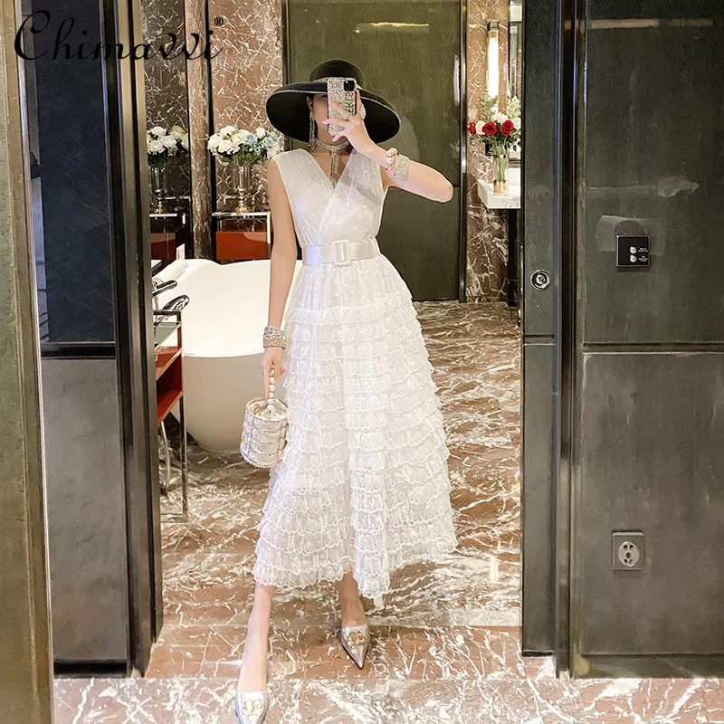 

Socialite Elegant Maxi Dress Women French Fairy White Sleeveless Cake Dress 2021 Summer High Waist Slimming Simple Dress New
