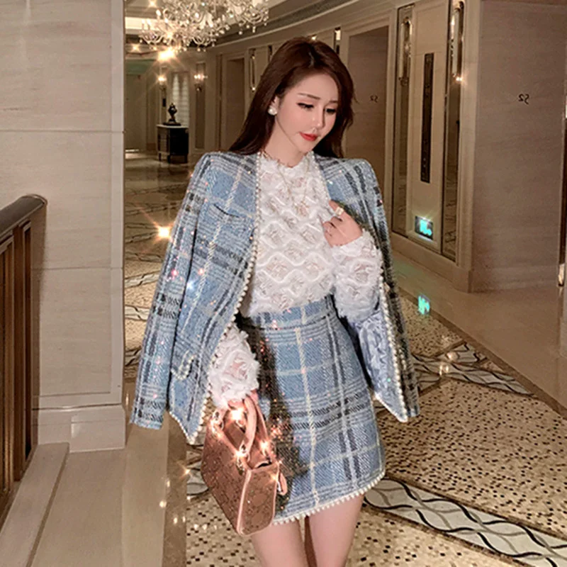 Women Tweed Suit Female 2022 Autumn Winter New Casual High Street Noblewoman Clothes Sequin Plaid  Skirt Sets Office Lady Wear