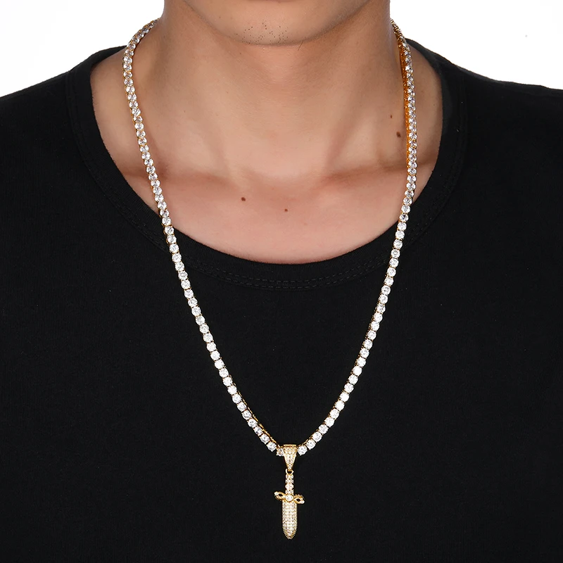 

HIP Hop Gold Color Bling Full AAA+ Cubic Zirconia Iced Out Sword Knife Pendants & Necklaces for Men Jewelry
