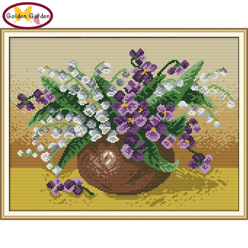 

GG Lily of the Valley Vase Counted Cross Stitch Kit 11CT 14CT Joy Sunday Cross Stitch Embroidery Needlework Set for Home Decor