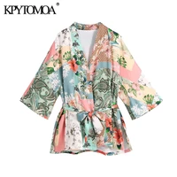 kpytomoa women 2021 fashion with belt floral print kimono blouses vintage three quarter sleeve side vents female shirts chic top