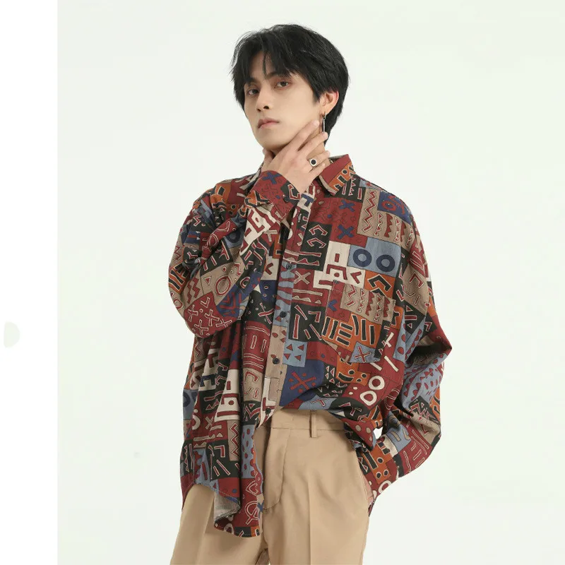 Мужская винтажная Повседневная рубашка с принтом и длинным рукавом Уличная