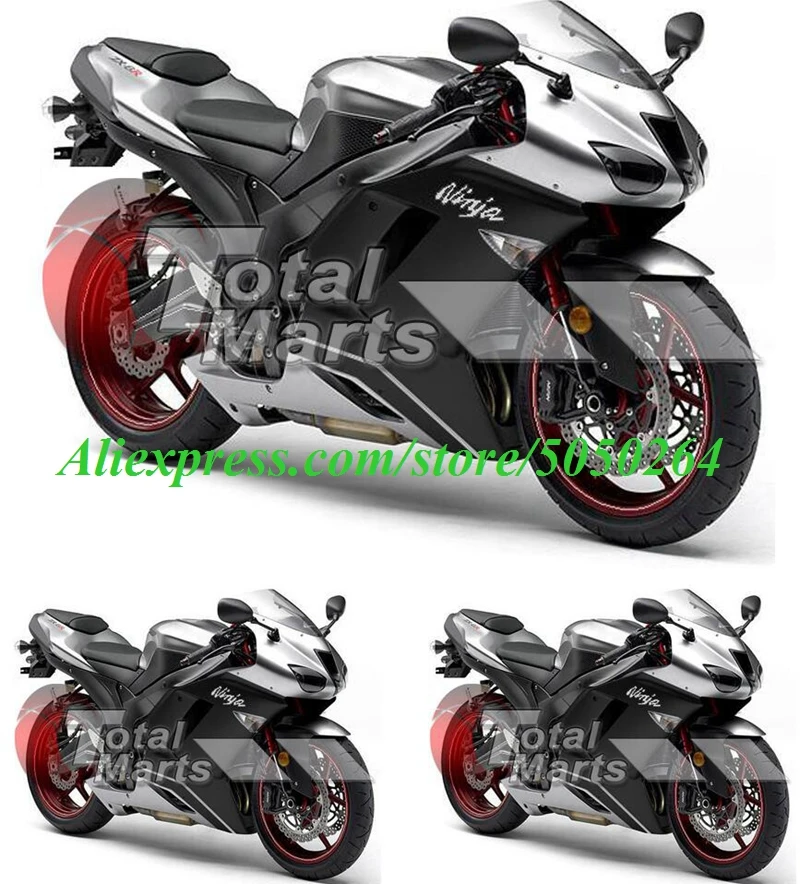 

4Gifts New ABS bike Fairings Kit Fit for kawasaki Ninja ZX6R 636 2007 2008 07 08 6R ZX-6R Bodywork set silver black
