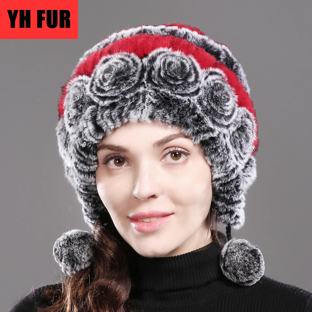 Женская меховая шапка зимняя вязаная с цветами в полоску из натурального 2020 меха