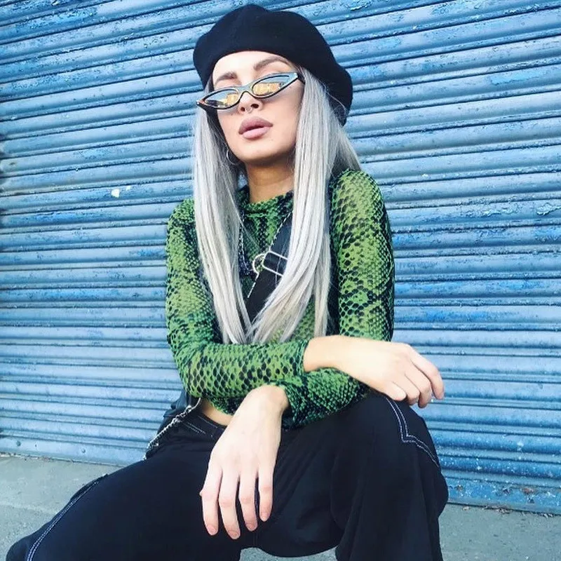 

2021 High Neck Crop Transparent Skin Mesh Top Long Sleeve Green Snake Print Female T-Shirt YS22