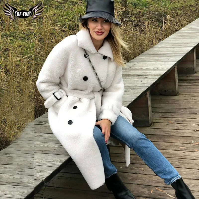 

2021 BFFUR Long Woolen Jacket With Belt Real Fur Coat Turn Down Collar Women's Coats Natural Sheepskin Female Winter Outfit
