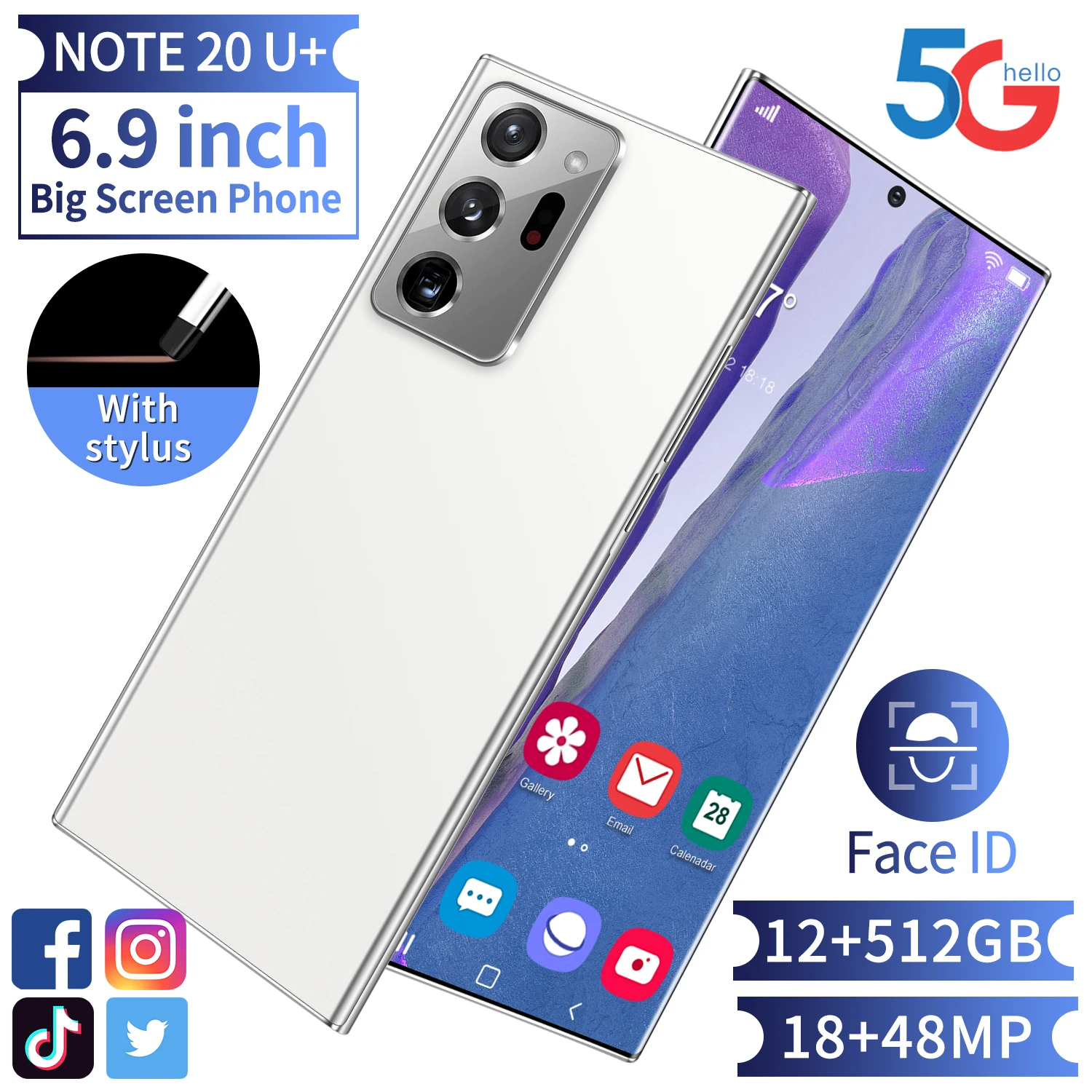 

Note20U+ Smartphone 6.9Inch 5000mah Android 10 Dual SIM 4G 5G 18+48MP HD Camera Face Wake 12+512GB Global Version Network Phone