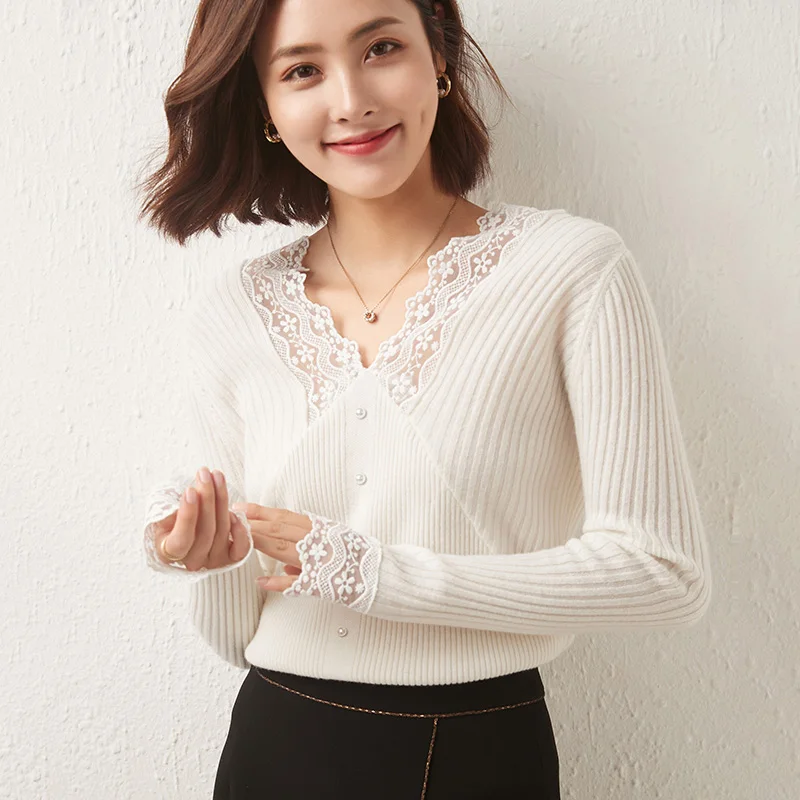 

Slim sexy new product women's sweater solid color long-sleeved V-neck pullover cashmere sweater ATTYYWS brand 100% wool sweater