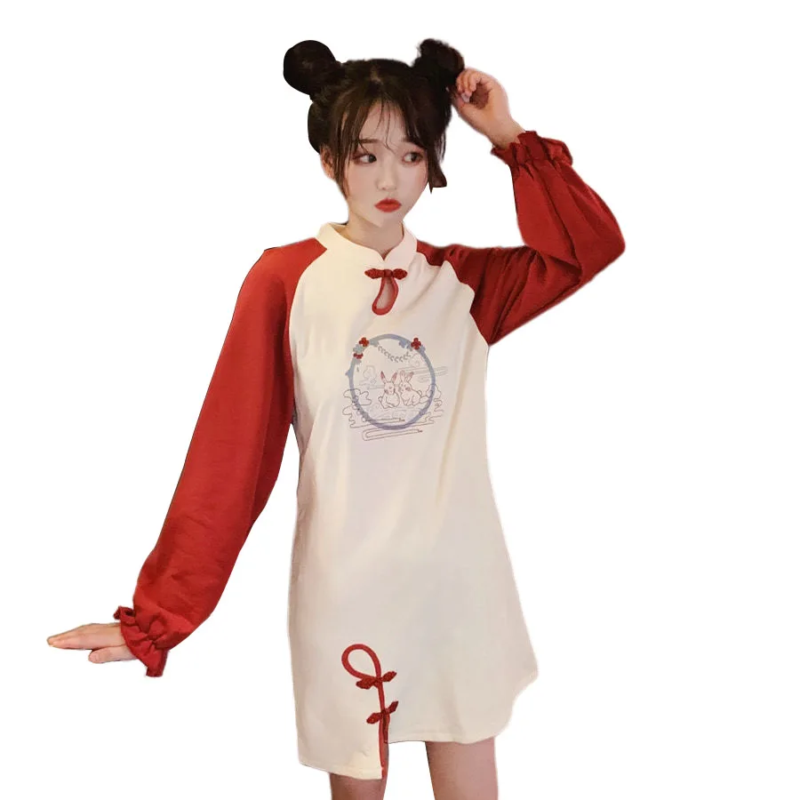 Женское милое платье в китайском стиле Харадзюку С Капюшоном и вышивкой кролика
