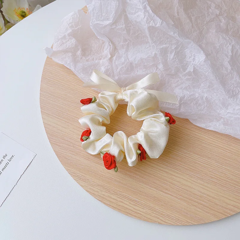 

Newest Summer Satin Scrunchies For Women Elastic Hair Band Cute Rose Flower Bow Ponytail Holder Hair Tie Ropes Hair Accessories