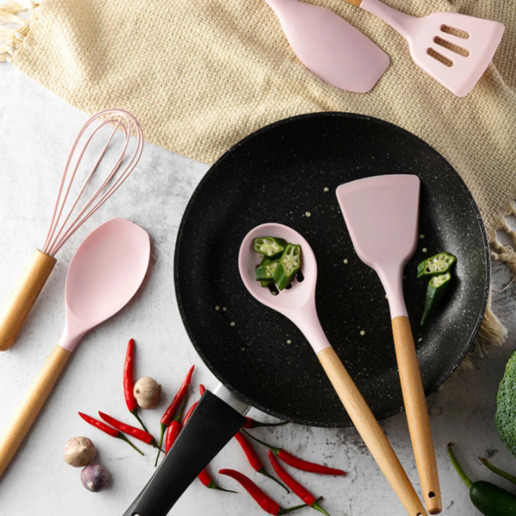 Антипригарная силиконовая кухонная утварь Пособия по кулинарии инструменты Кухня набор посуды с бамбуковыми ручками по Пособия по кулинарии инструмент не токсичный Кухня гаджеты 9/10/12 шт