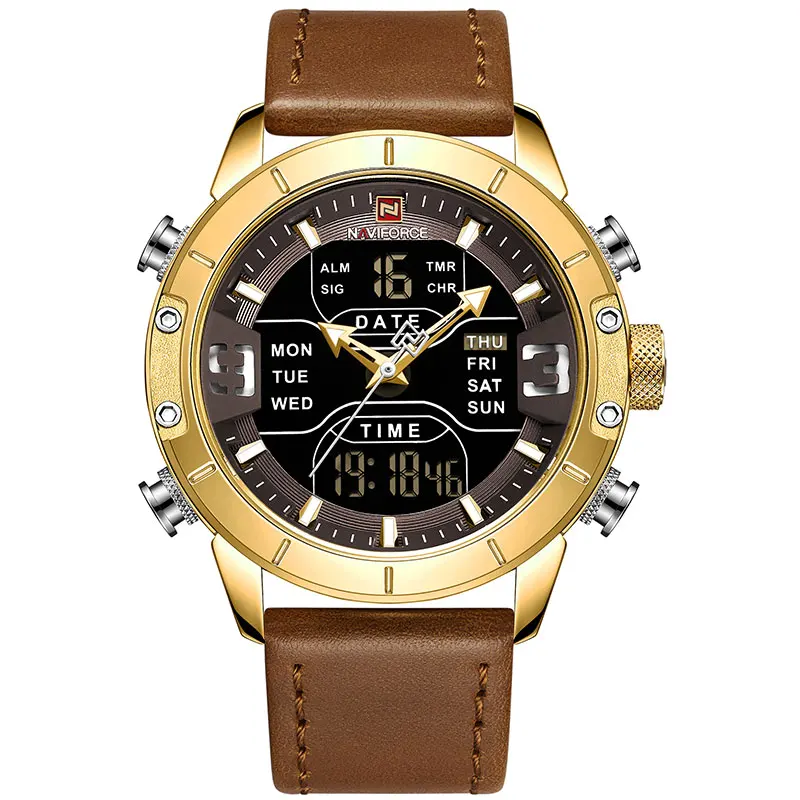 L-Gold Мужские часы naviforce Роскошные брендовые кожаные водонепроницаемые кварцевые мужские часы Военные аналого-цифровые часы мужские Relogio Masculino - Цвет: L-Gold