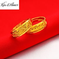 kissflower ri61 fine jewelry wholesale fashion hot lovers couple birthday wedding gift dragon phoenix 24kt gold resizable ring