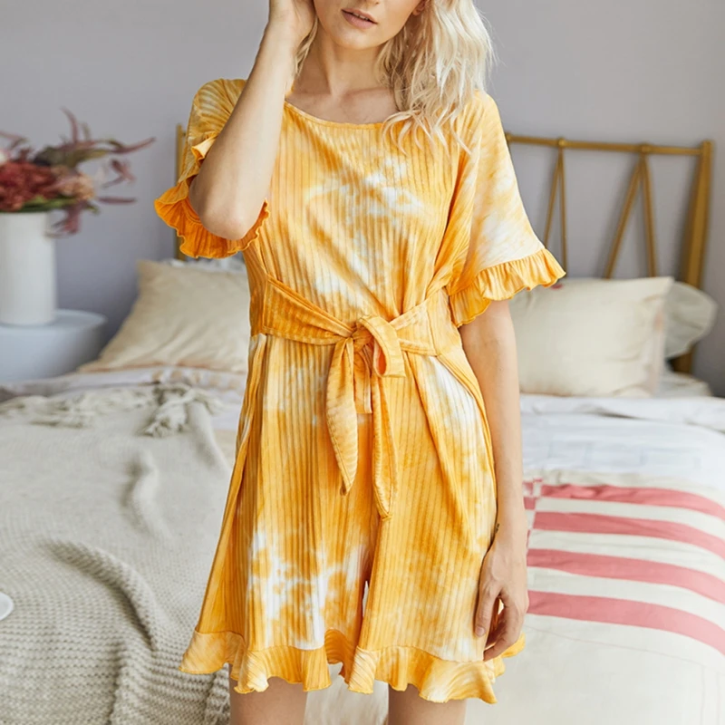 

3-Color Summer Women's Loose Casual Round Neck Waist Tie Dye Empire Rompers new