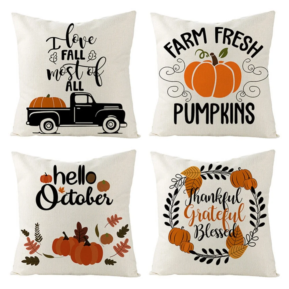 

Autumn Throw Pillow Covers Thanksgiving Day Decorative Pumpkin Cushion Cover Fall Harvest Printed Linen Pillowcase