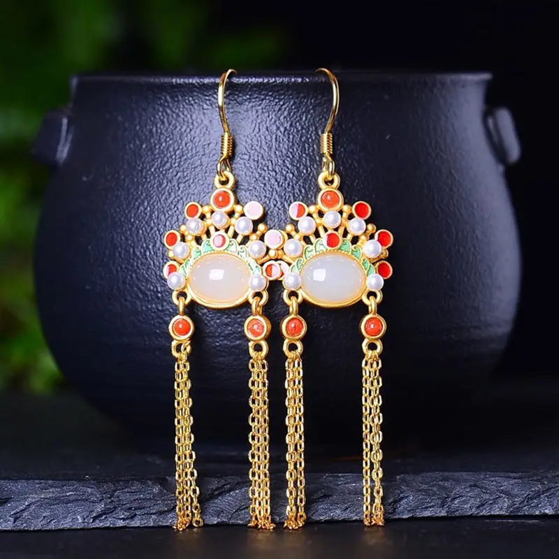 

Dao Ma Dan Peking Opera Face Earrings Ancient Chinese Style Earrings Sterling Silver Tassel Earrings Natural Hetian Jade Earring