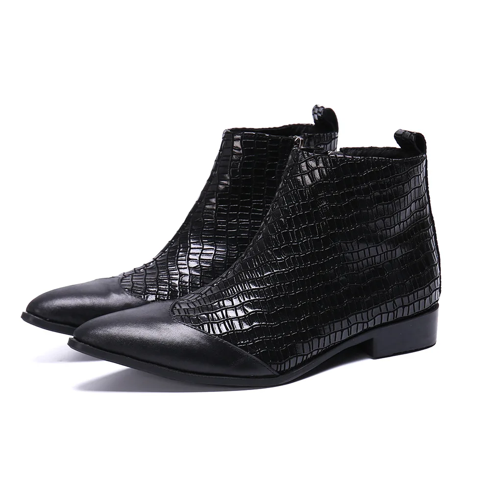 

European style men's winter black boots pointed head Korean fashion mid top leather shoes boots hair