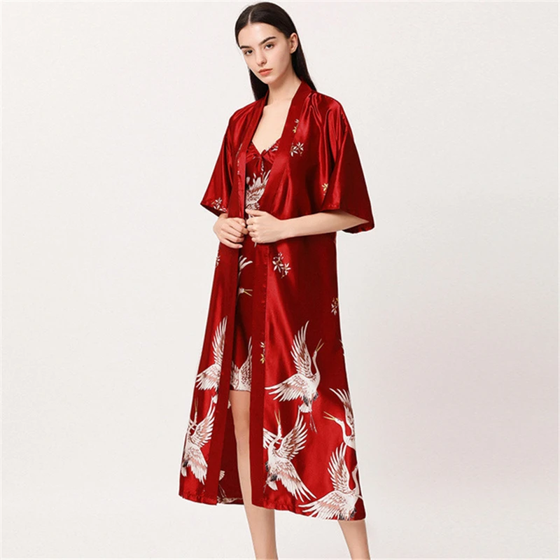 

Satin robe spring and summer sexy night gown fairy crane bathrobe bride robe wedding morning robe kimono new arrival pijamas