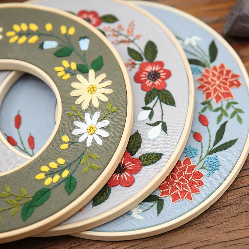 

DIY Flower Embroidery Kit with Bamboo Hoop for Beginner Needlework Cross Stitch Handmade Sewing Craft Wall Painting Home Decor