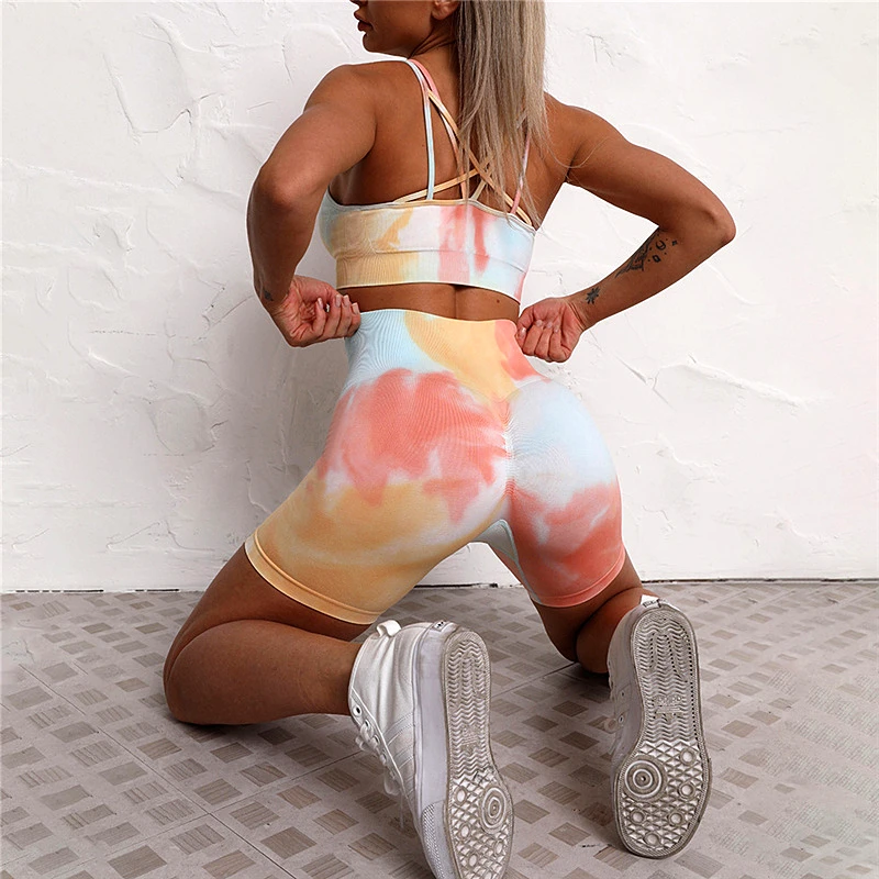 Tie Dye Seamless Yoga Set Women Female Two 2pcs Piece Crop Top Bra Shorts Sportwear Workout Outfit Fitness Gym Suit clothing | Спорт и