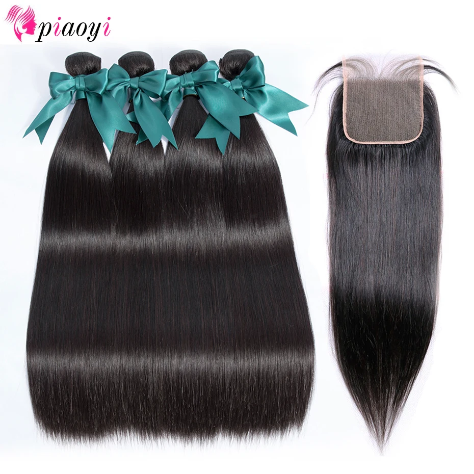 Перуанские прямые пряди волос с закрытием натуральные пучки перуанских