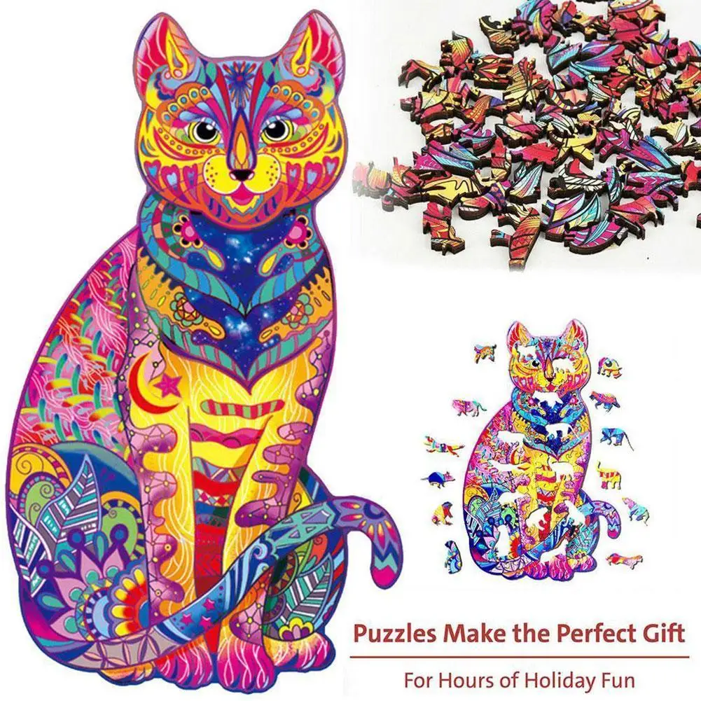 Rompecabezas de madera para ni&ntilde;os y adultos, puzle de animales y gatos, juguete de caricatura de madera, juguetes para ni&ntilde;os y adultos, regalos educativos de cumplea&ntilde;os-0
