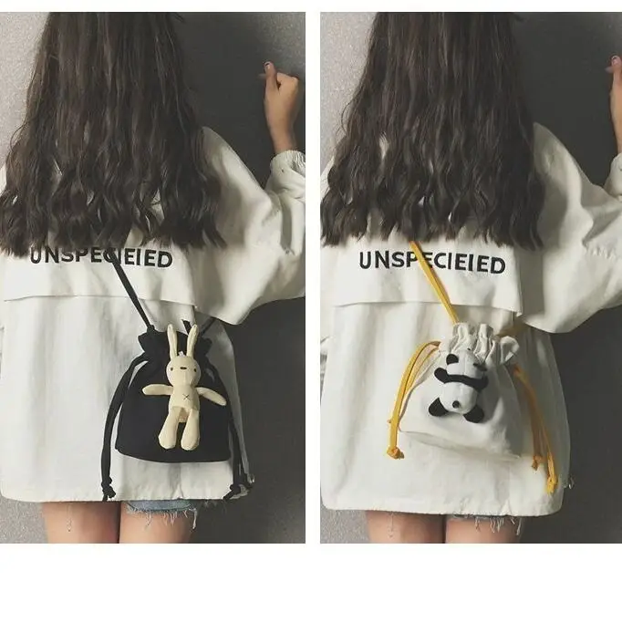 

Cute Doll Bag Female 2021 New Korean Cartoon Canvas Bucket Bag Versatile One Shoulder Messenger Bag Girl