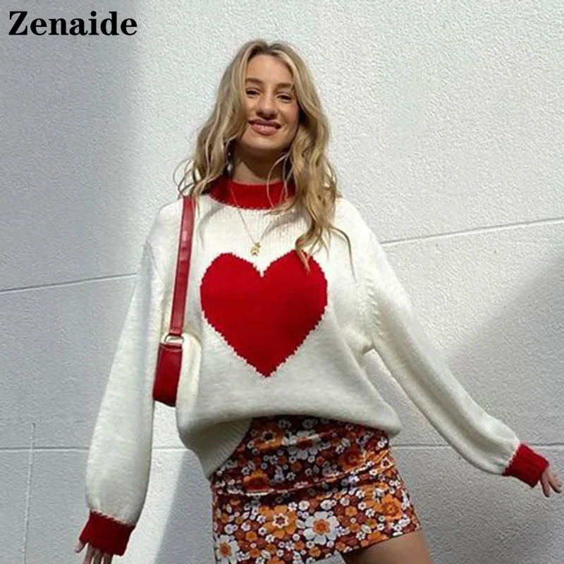 

Zenaide Cute Heart Print Sweater Tops Autumn Winter Fashion Vintage Y2K Women Knitted Casual Long Sleeve Pullovers 90S Oversized