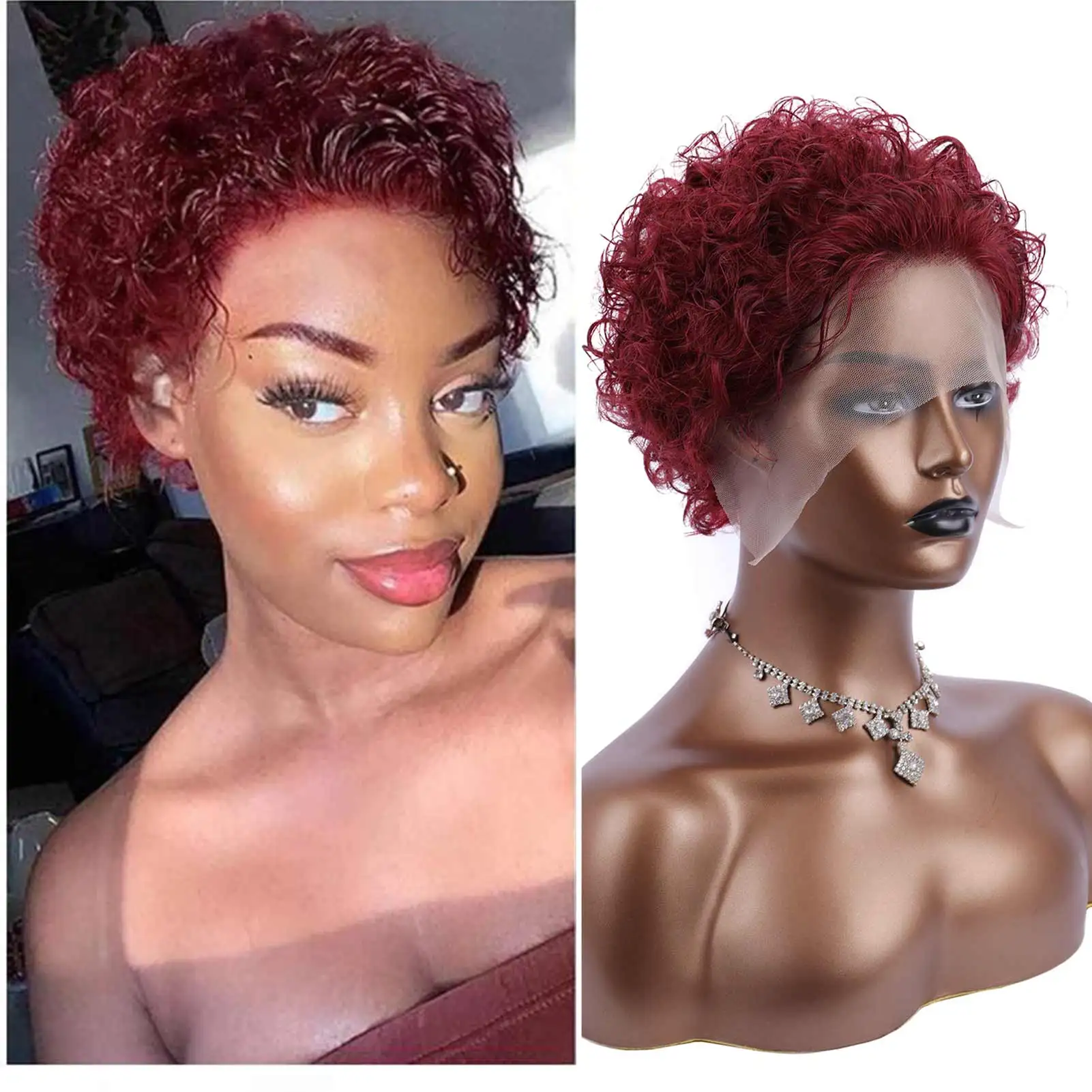 

Кудрявые красные 99J парики вырезанные феями натуральные неповрежденные человеческие волосы 6 дюймов HD прозрачный кружевной передний парик ...