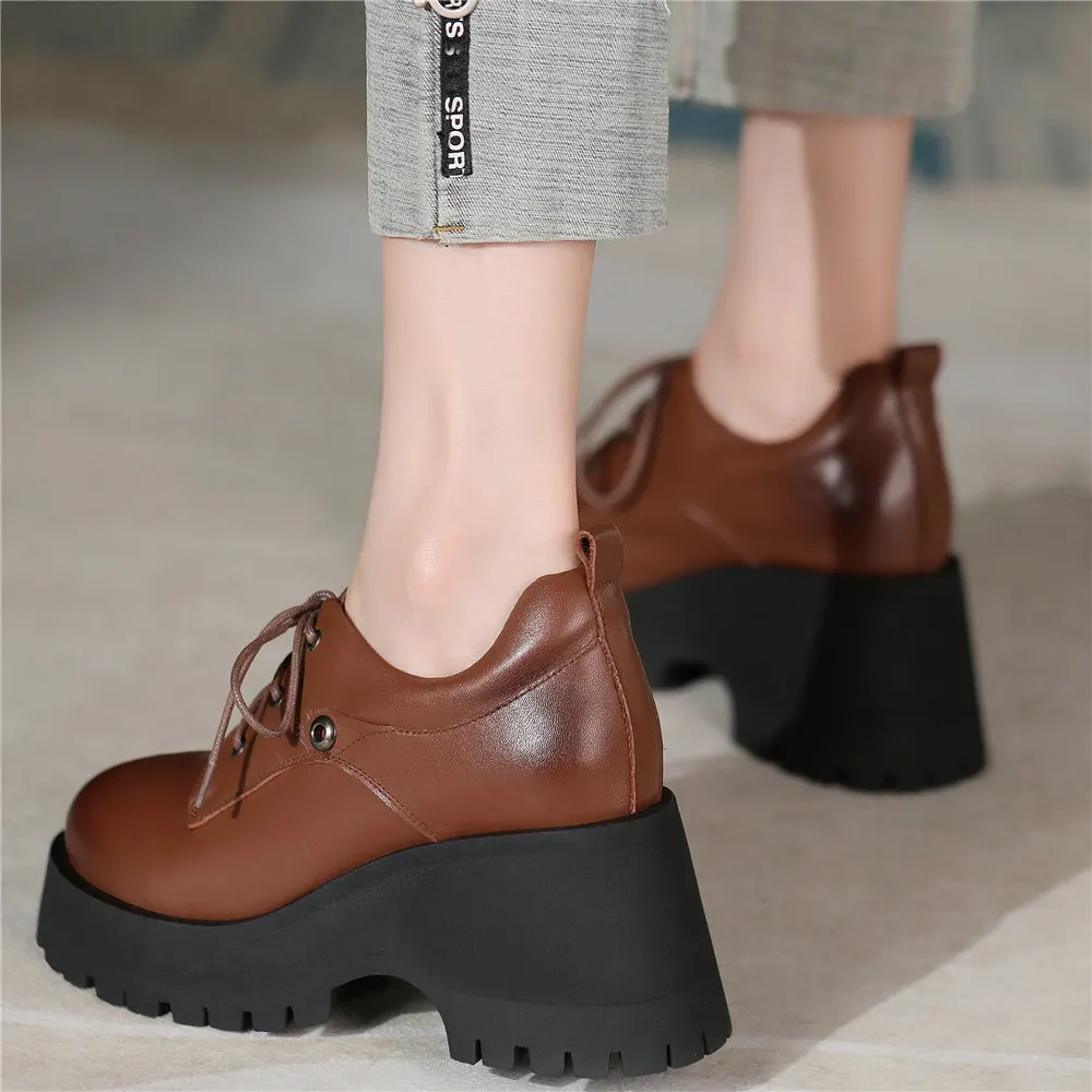Platform Pumps Shoes Women Lace Up Genuine Leather Chunky High Heels Ankle Boots Female Round Toe Punk Creepers Casual Shoes