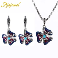 ajojewel ethinc colorful flower jewelry sets with blue stone luxury vintage earrings necklace temperament jewelry fashion gift