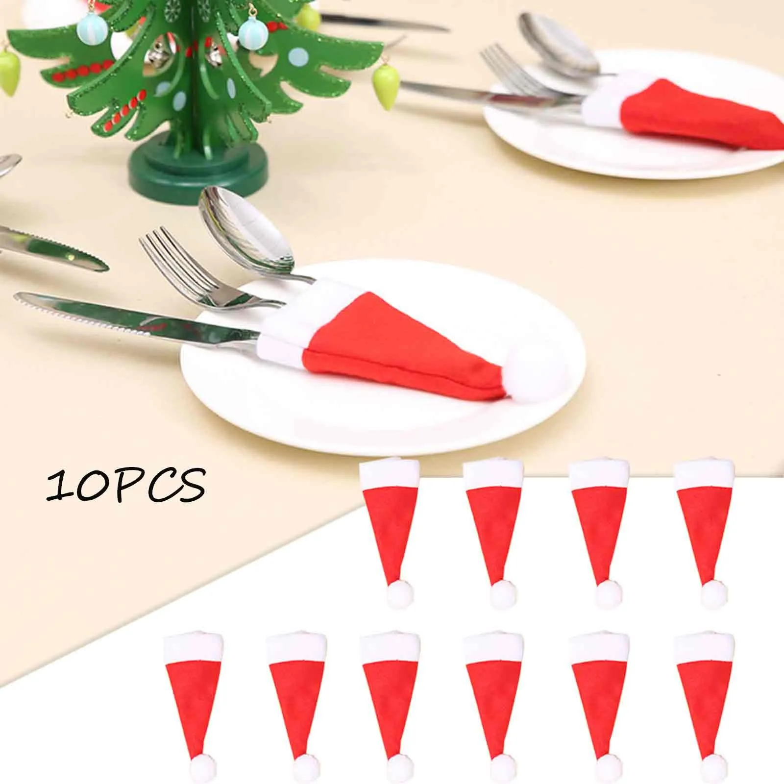 

10pcs Red Christmas Hats Knife And Fork Cover Home Christmas Decorative Tableware Fork Set Christmas Hat Storage Tool Navidad