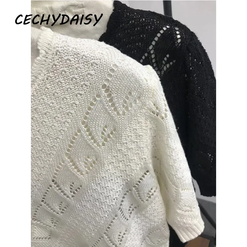 

Knitted Sweater Pullovers Women High Street Short Sleeve Hollow Out Soid Elegant Office Ladies Za Y2k Clothes Korean Fashion Y2k