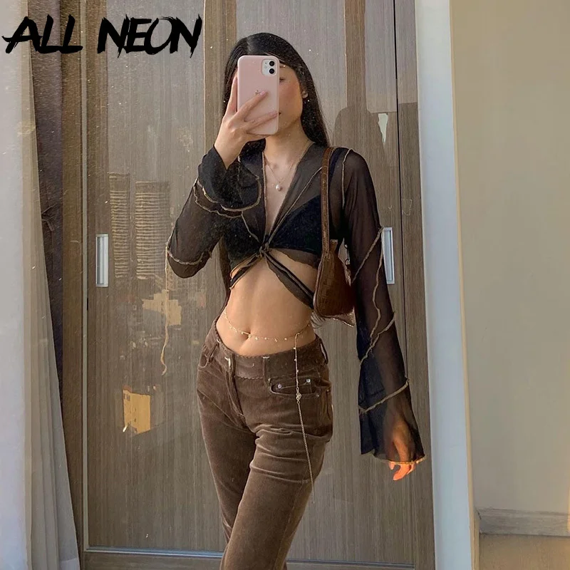 

ALLNeon E-girl Aesthetics Bandage Black Mesh Crop Tops Pastel Goth Y2K Deep V-Neck Flare Sleeve Patchwork T-shirts Sexy Outfits