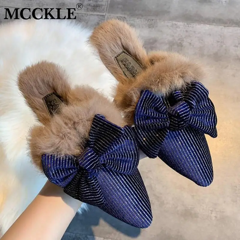 MCCKLE/женские шлёпанцы с острым носком; очаровательные шлёпанцы с бантом; женские меховые плюшевые туфли на плоской подошве, расшитые блестками; женская обувь