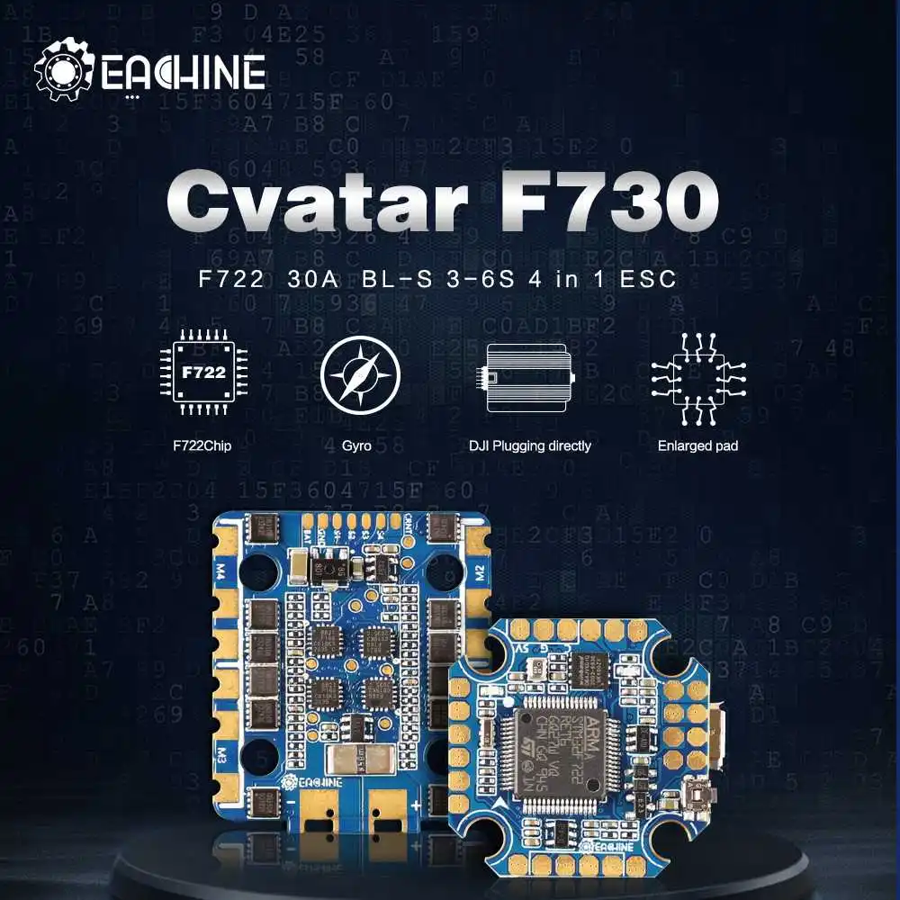

Eachine Cvatar F730 стека с диагональю экрана 3-6S F722 F7 игровые джойстики и 30A Blheli_S 4 в 1 бесщеточный ESC 20x20 мм для 100 мм-250 мм с видом от первого лица