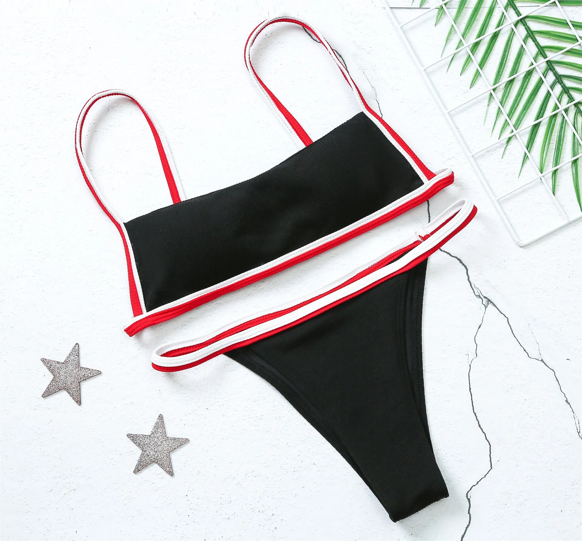 

NEW Women Color Block Patchwork Scoop Neck Bikini Set Sexy Bandeau Summer Beach Swimsuit 2pcs