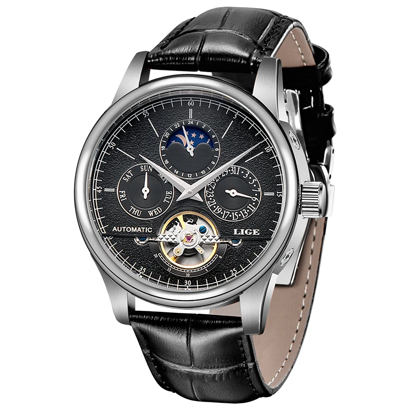 

2020 LIGE Brand Fashion Silver Mens Mechanical Watch Men Tourbillon Automatic Watches Casual Leather Sport Clock Relojes Hombre