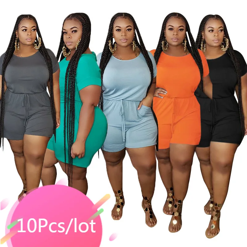 

Bulk Items Wholesale Lots Plus Size Jumpsuits Womens Summer Cloth Solid Drawstring Shorts Playsuits Oversize One Piece Outfits