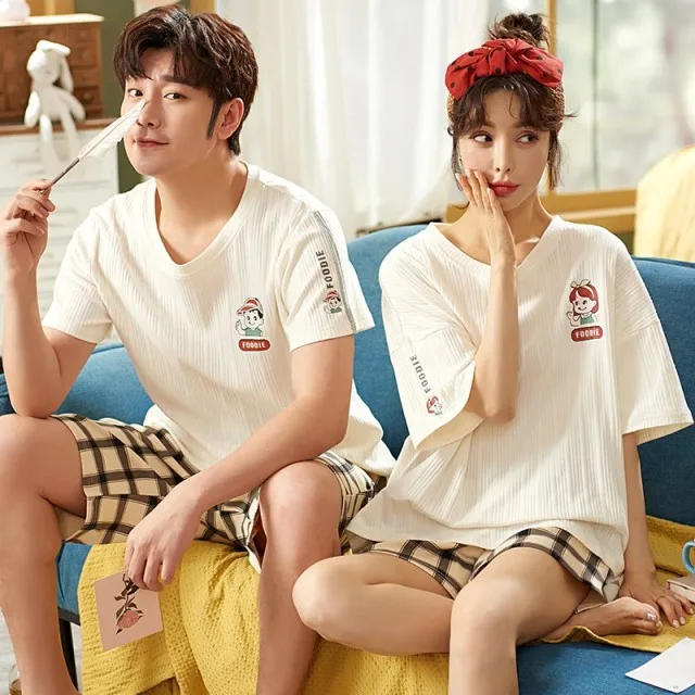 

Women Cotton Sleepwear Men's Plus Size Home Wear Summer Short Sleeve Patchwork Nightgown Cartoon Lovely Calf Couple Pajamas Set