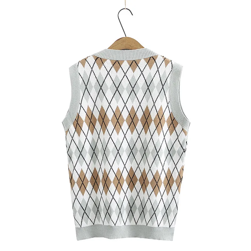 Preppy Style Argyle Contrast Colors V Neck Knitted Vests Women Casual Sleeveless Oversized Sweater Pullovers Waistcoat | Женская одежда