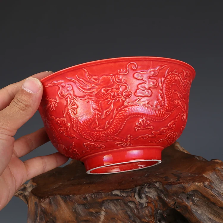 Yongzheng кораллово красная скульптура чаша с драконом антикварная коллекция