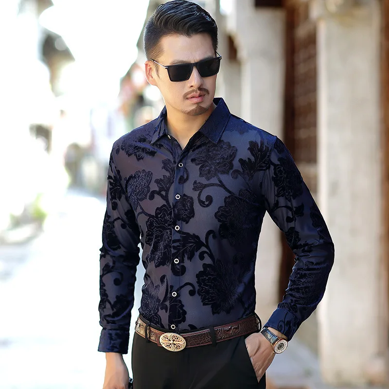 Новинка 2019 брендовая кружевная прозрачная рубашка с цветами мужская